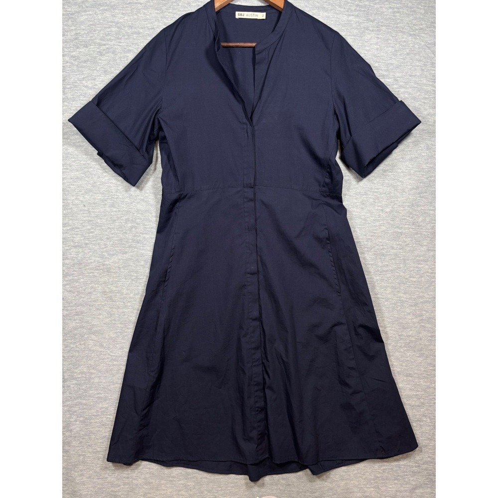 SBJ AUSTIN‎ Dress Size 2 Navy Blue Button Front Midi  Short Sleeve Cotton